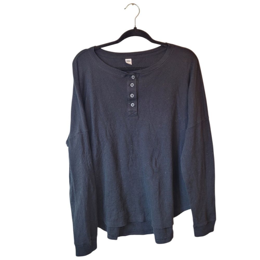 Old Navy Women's Black Waffle Knit Henley Shirt Size L